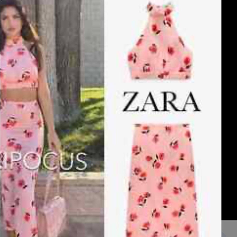 Zara XS skirt and matching top- pink with red flowers